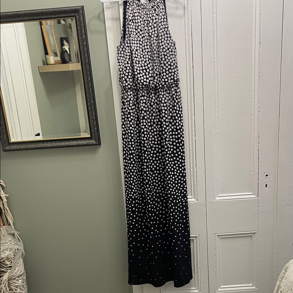 Adrianna Papell Black and White long Polka Dot Dress from Melanie Lyne